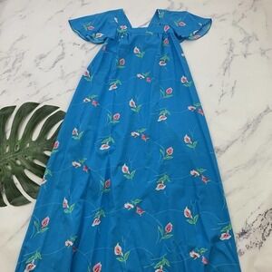 Hookano Womens Vintage Hawaiian Maxi Dress Size 16 Blue Pink Calla Lily Floral